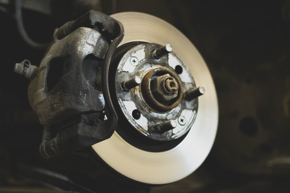 Close-up of a brake disc and caliper assembly